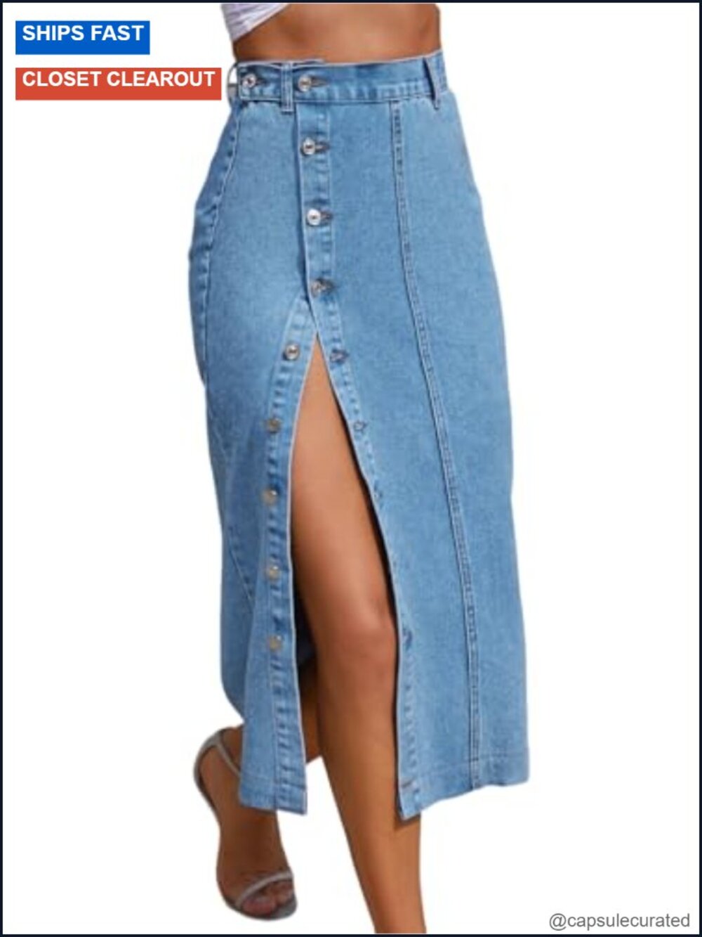 High Waisted Button Front Denim Midi Skirt with Side Slit